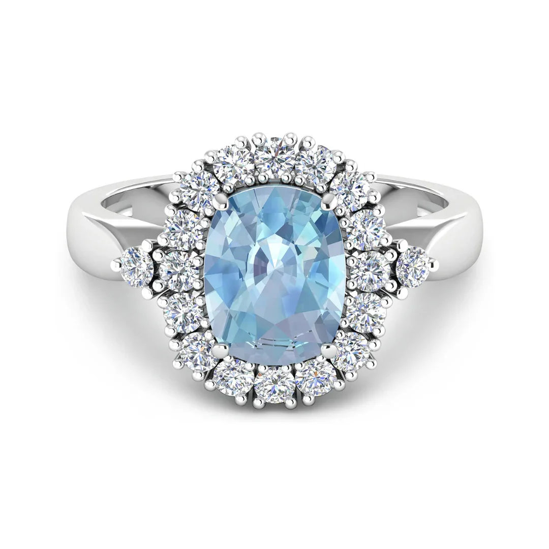Genuine Diamond and Aquamarine Halo Ring