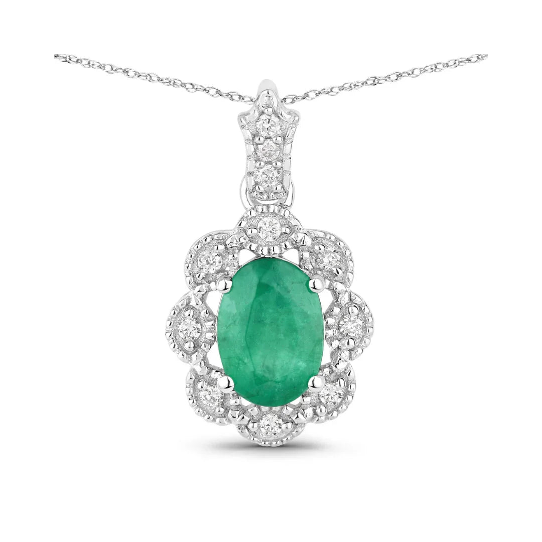 Genuine 10K Zambian Emerald Diamond Halo Pendant