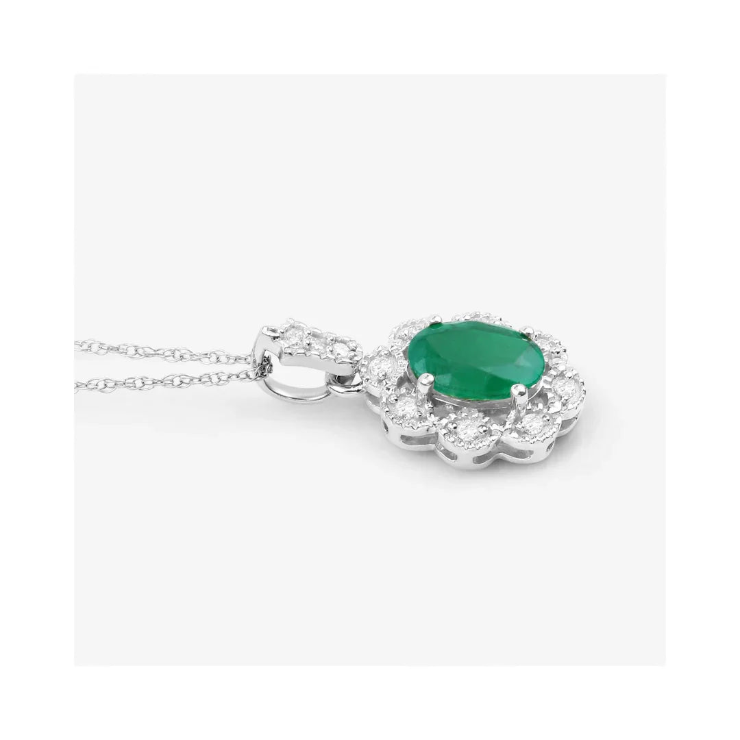 Genuine 10K Zambian Emerald Diamond Halo Pendant