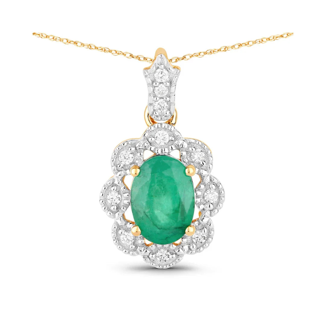 Genuine 10K Zambian Emerald Diamond Halo Pendant