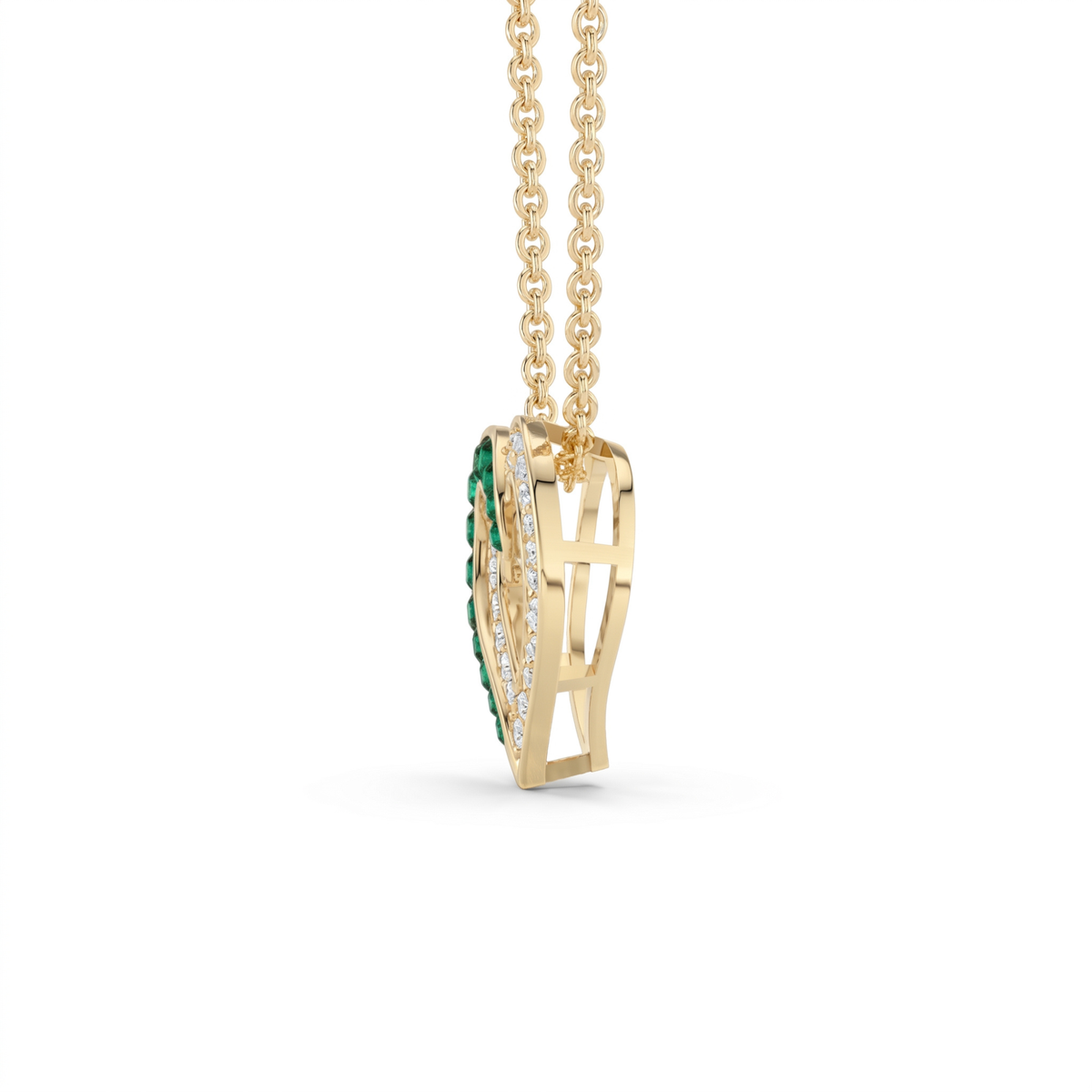 0.64 Cttw Round Green Emerald and Lab Grown Diamond 14K Gold Pave Open Heart Pendant Necklace