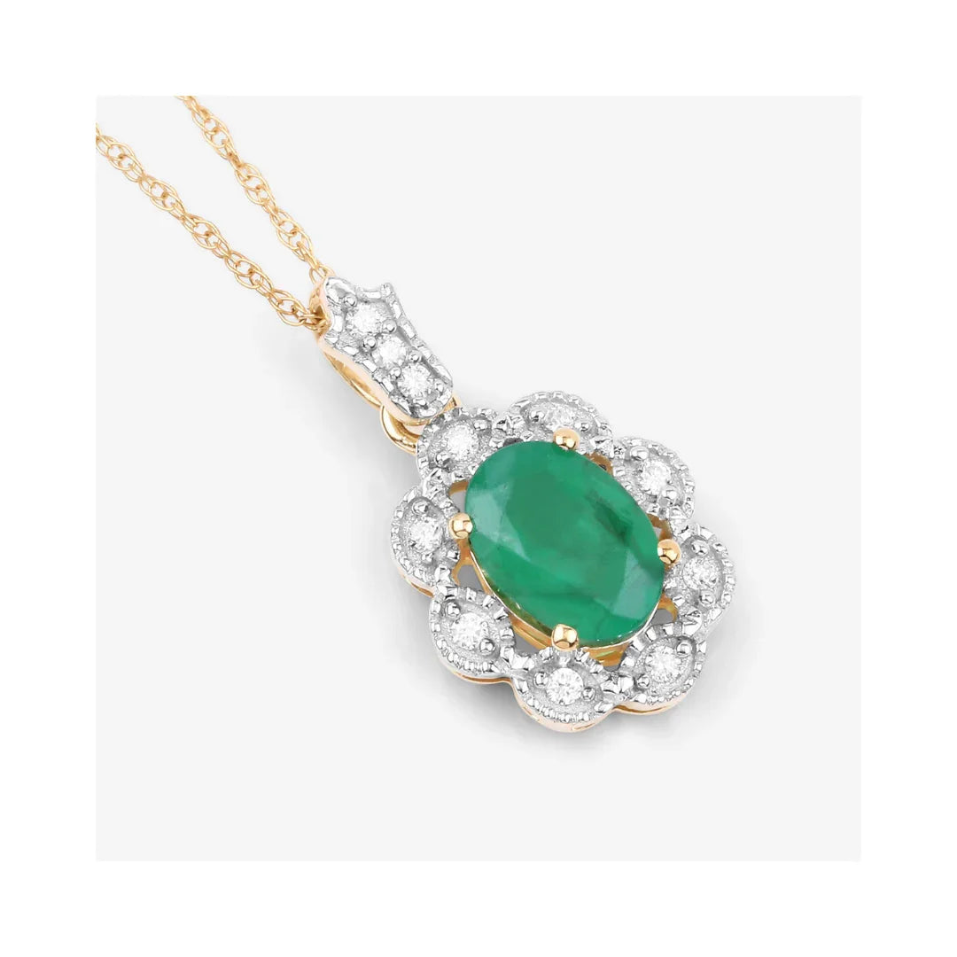 Genuine 10K Zambian Emerald Diamond Halo Pendant