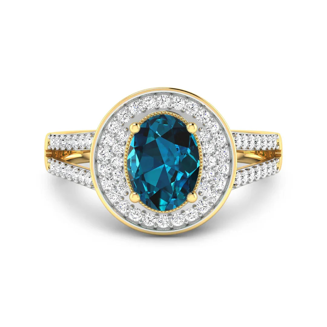 Genuine White Diamond and London Blue Topaz Halo Ring