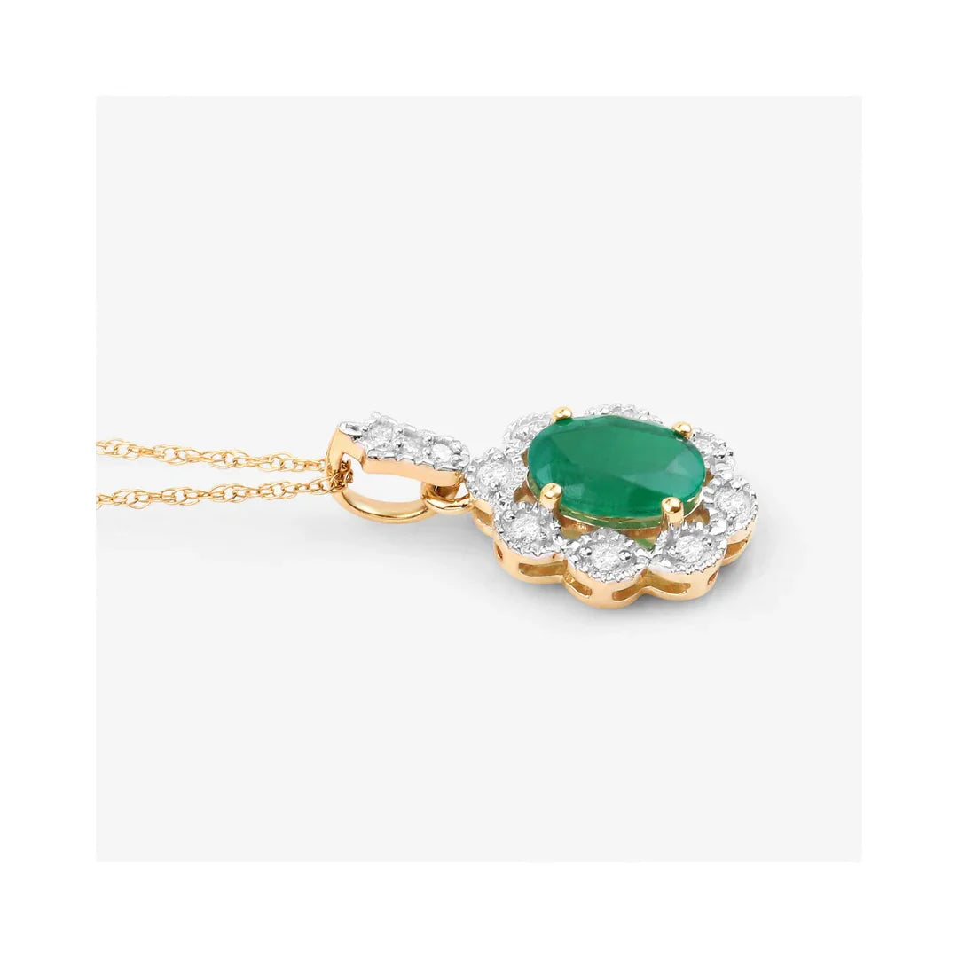 Genuine 10K Zambian Emerald Diamond Halo Pendant