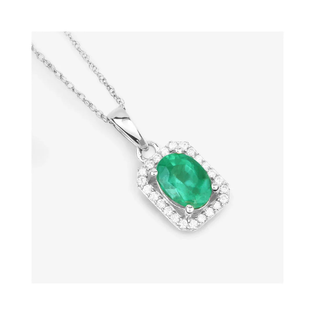 Genuine 10K Zambian Emerald and Diamond Halo Pendant