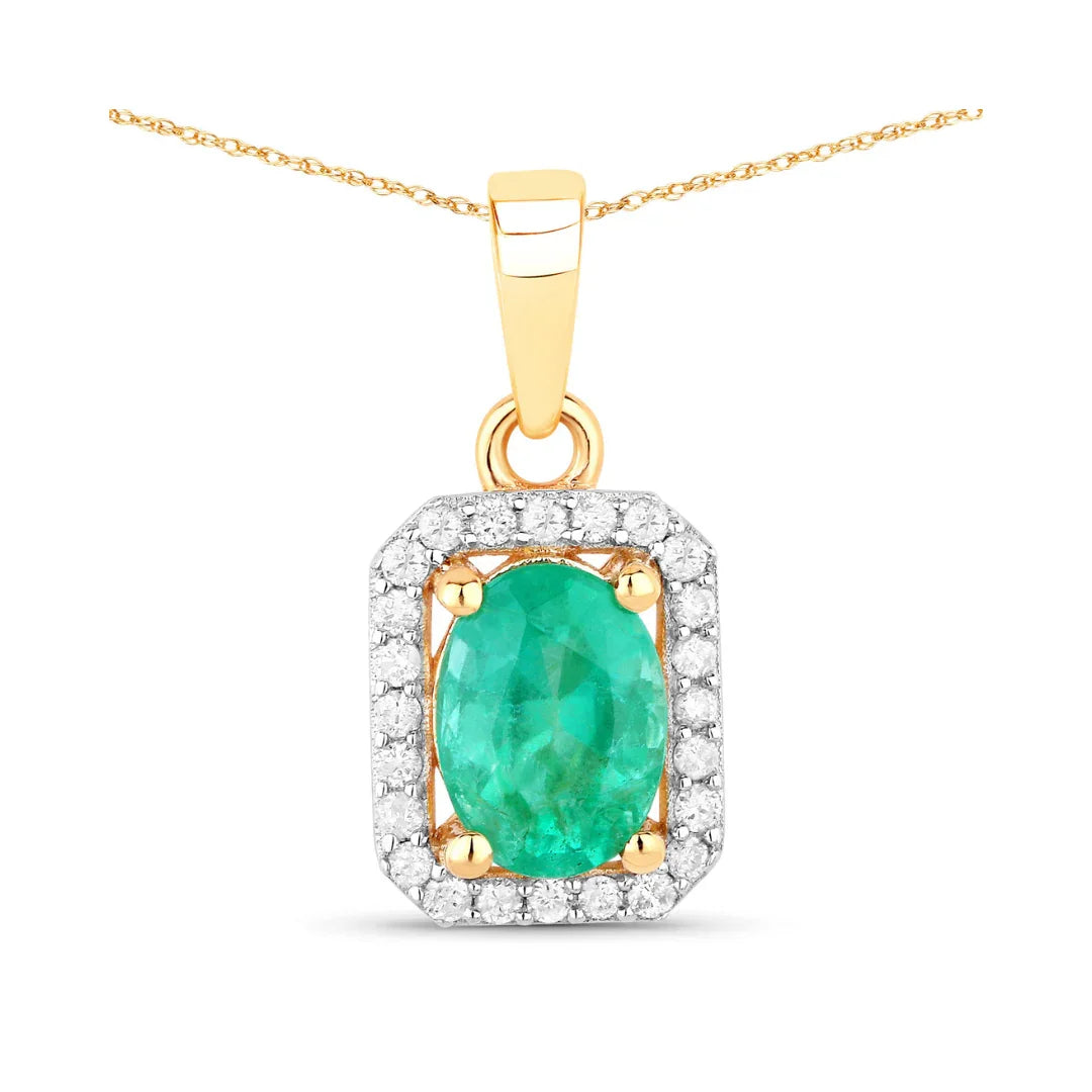 Genuine 10K Zambian Emerald and Diamond Halo Pendant