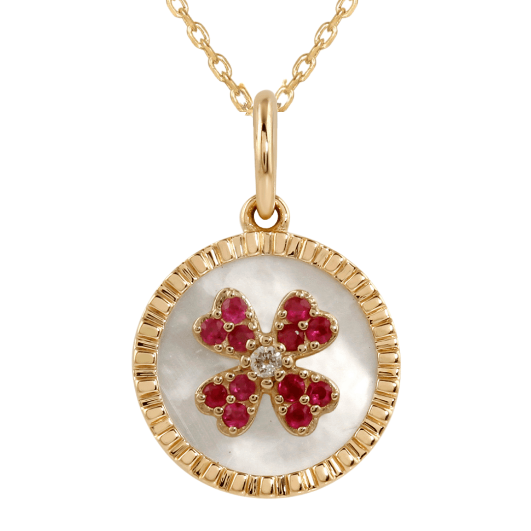 Collier avec pendentif en nacre et rubis en forme de trèfle