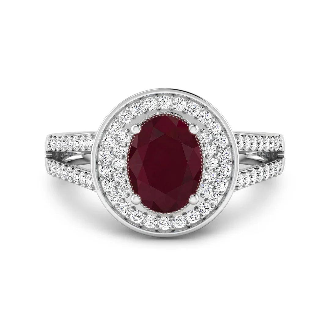 Genuine White Diamond and Ruby Halo Ring