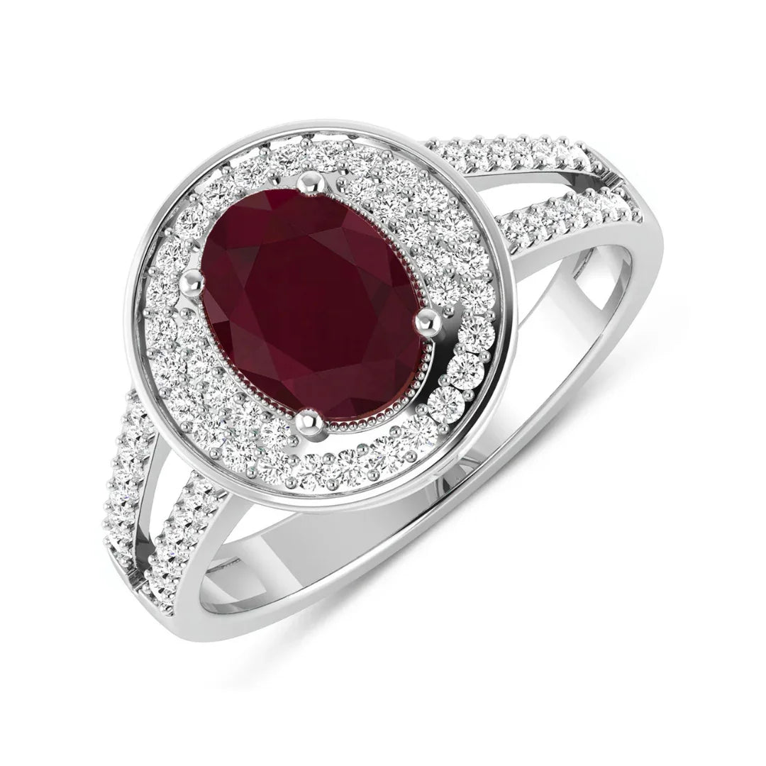 Genuine White Diamond and Ruby Halo Ring
