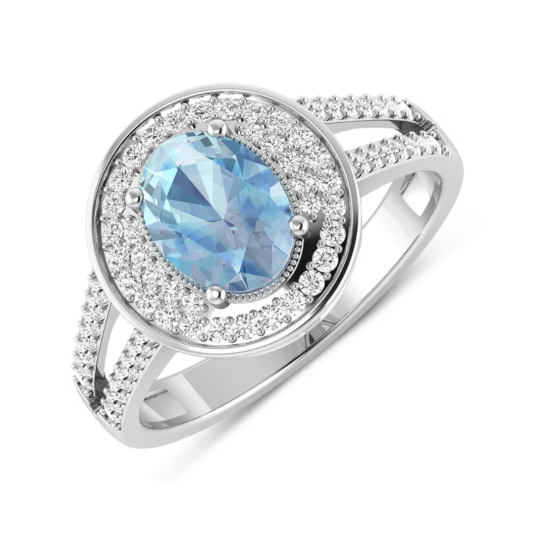 Genuine Aquamarine Diamond Halo Ring