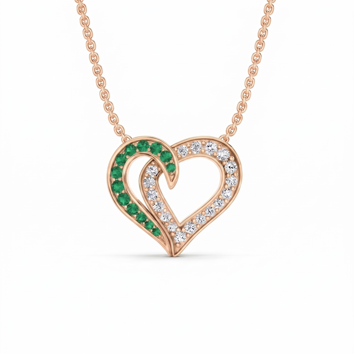 0.64 Cttw Round Green Emerald and Lab Grown Diamond 14K Gold Pave Open Heart Pendant Necklace