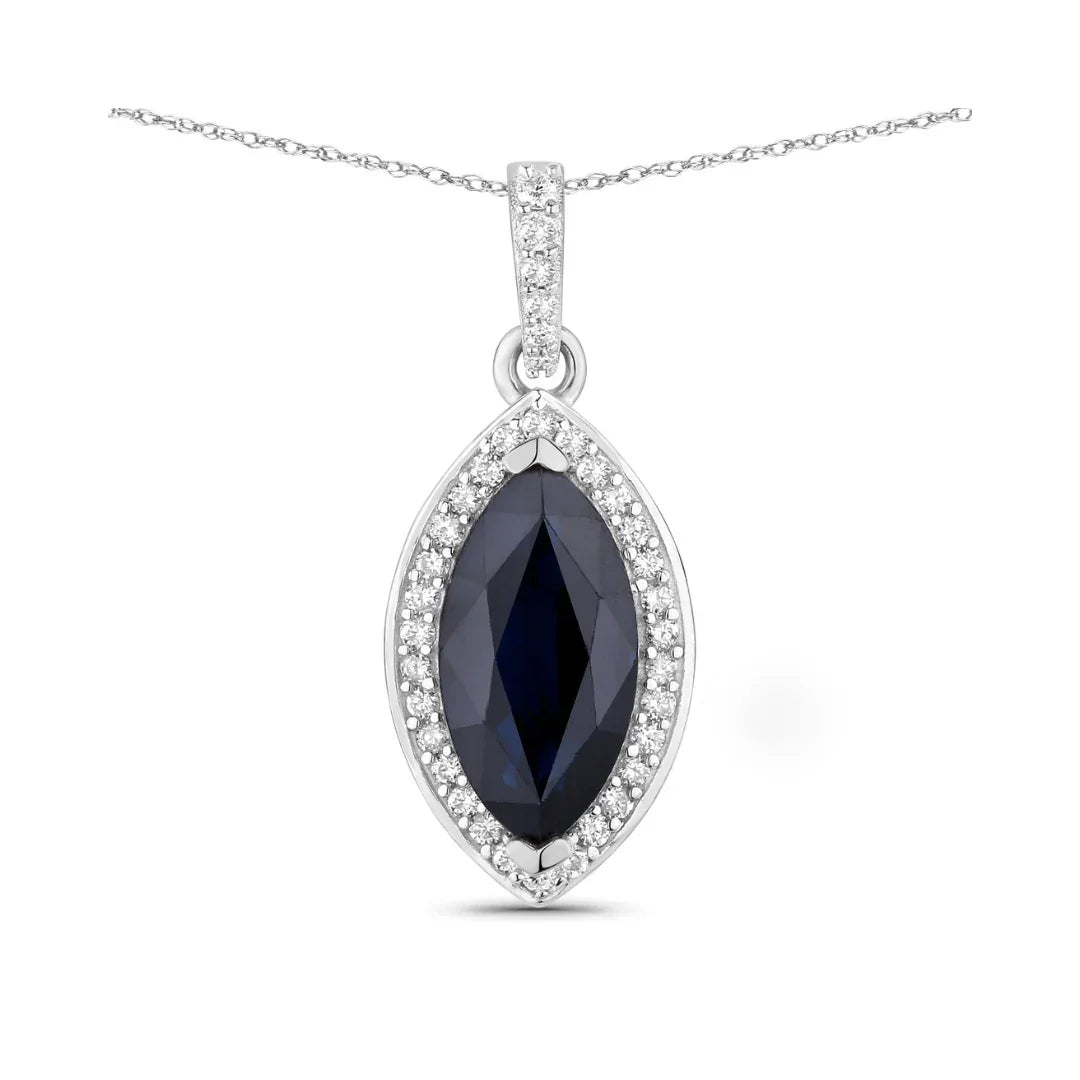 Genuine 10K Blue Sapphire and Diamond Marquise Pendant