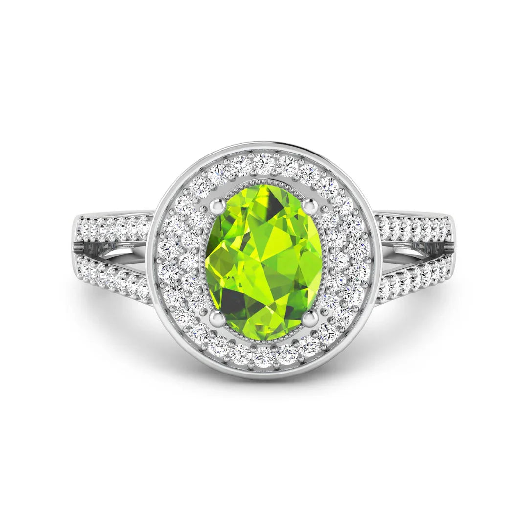Genuine White Diamond and Peridot Halo Ring