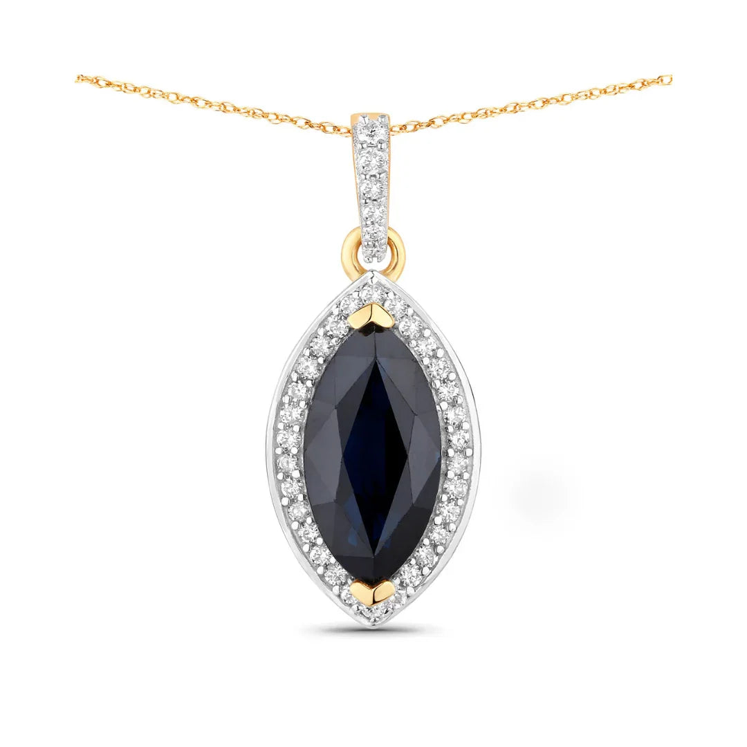 Genuine 10K Blue Sapphire and Diamond Marquise Pendant