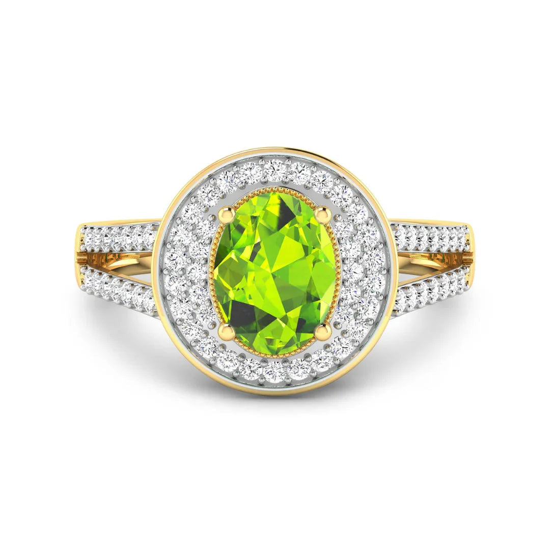 Genuine White Diamond and Peridot Halo Ring