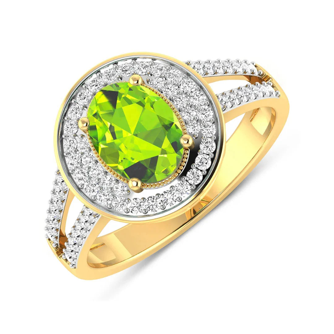 Genuine White Diamond and Peridot Halo Ring