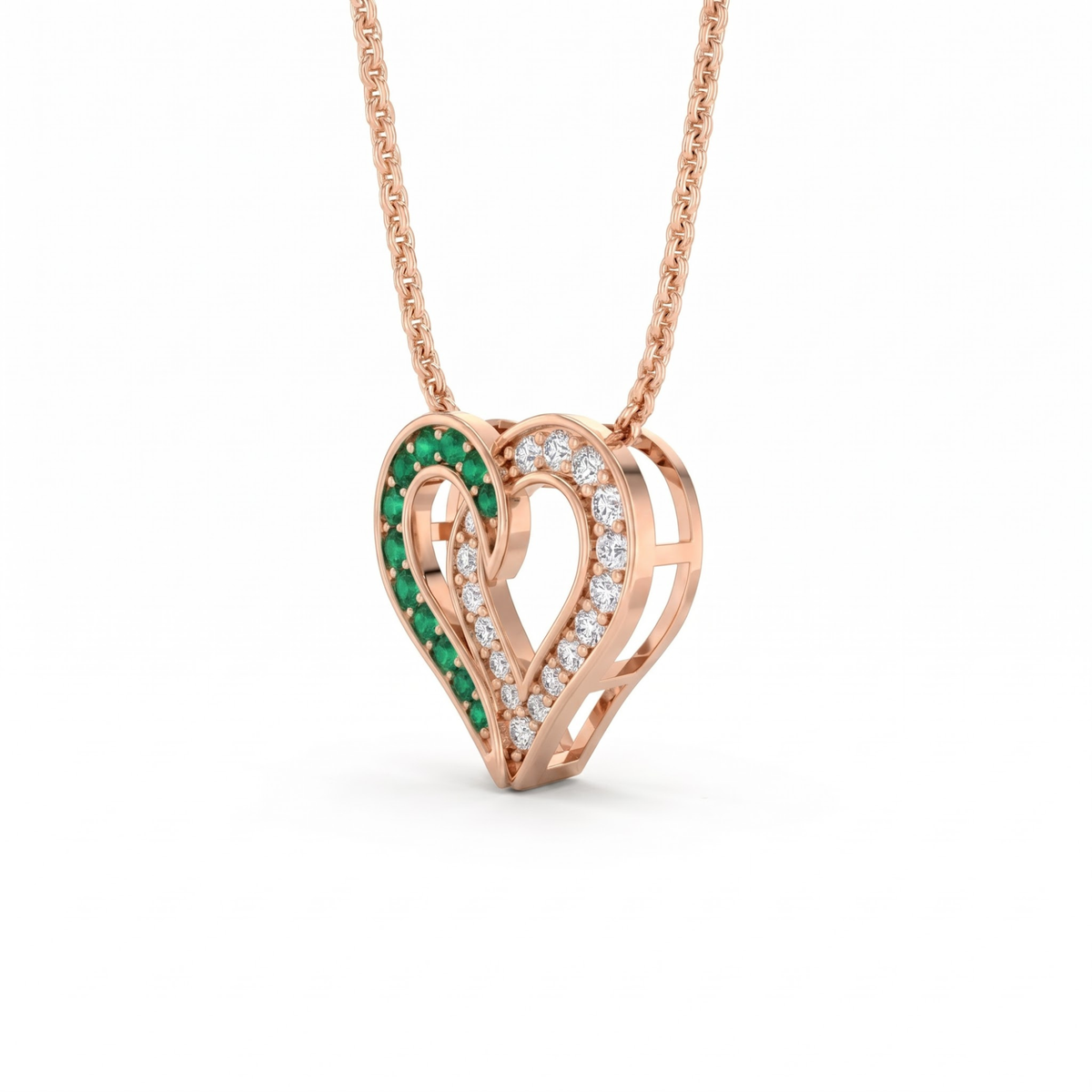 0.64 Cttw Round Green Emerald and Lab Grown Diamond 14K Gold Pave Open Heart Pendant Necklace