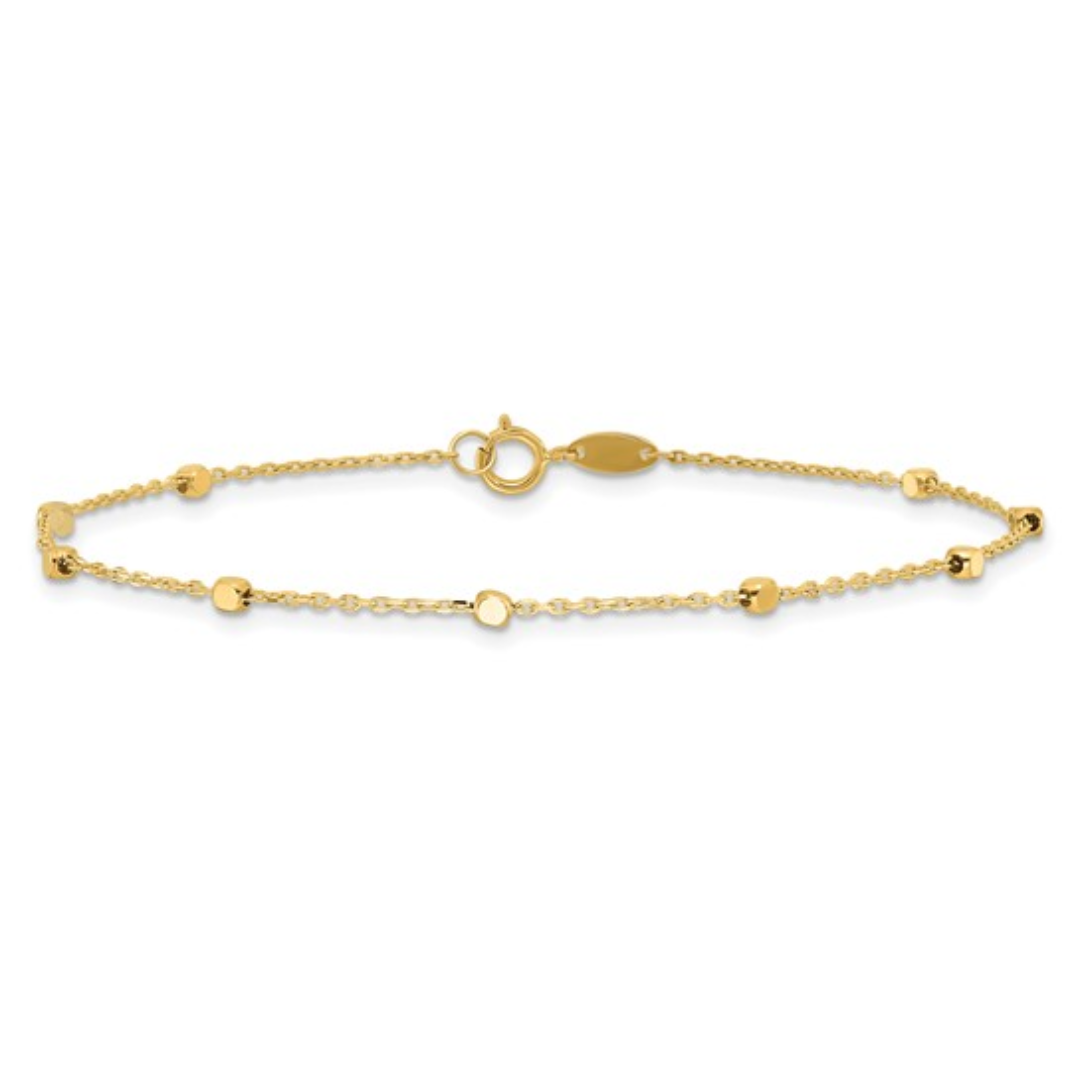 A 10K yellow gold bracelet with cube station accents on a ball and cable chain, displayed against a white background.