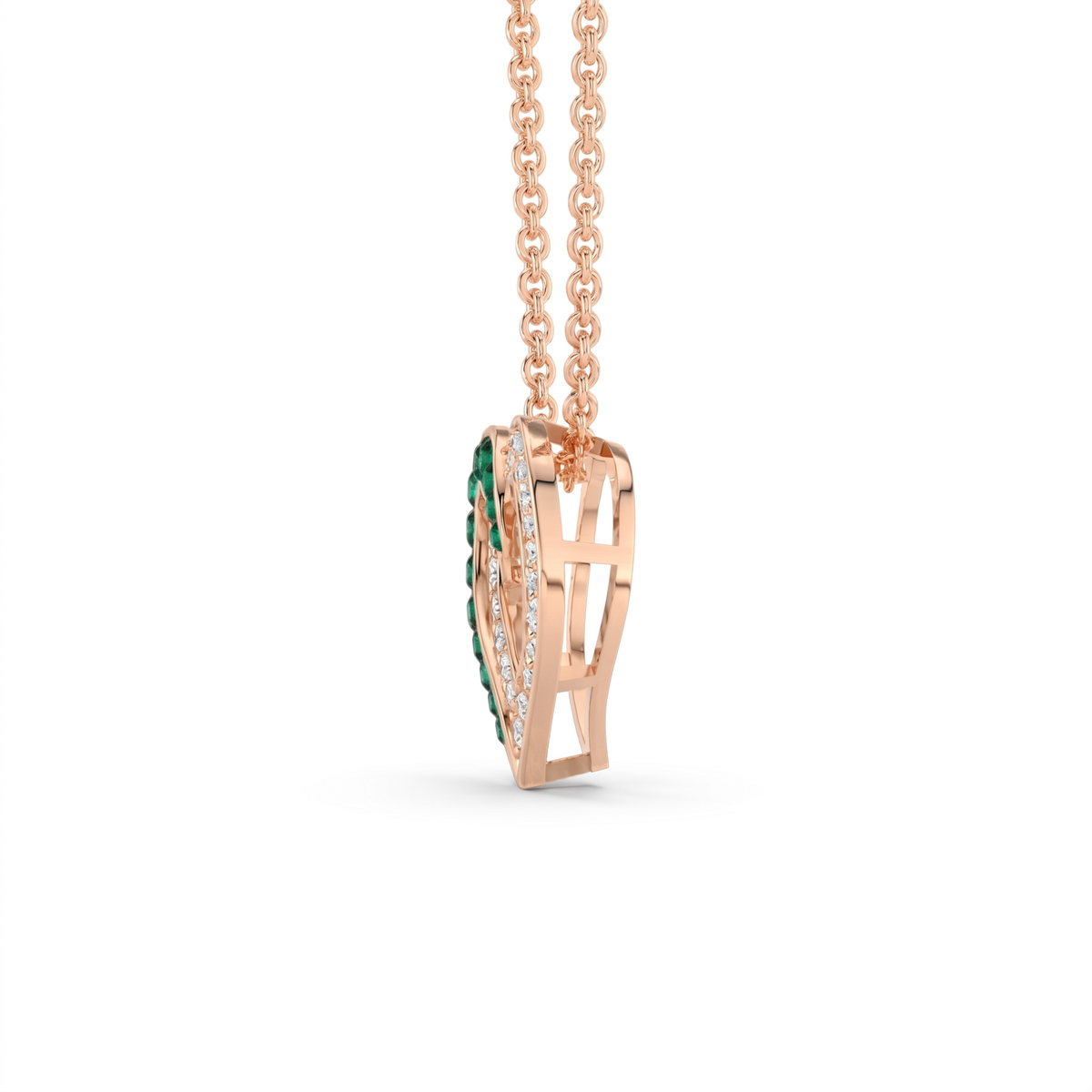 0.64 Cttw Round Green Emerald and Lab Grown Diamond 14K Gold Pave Open Heart Pendant Necklace