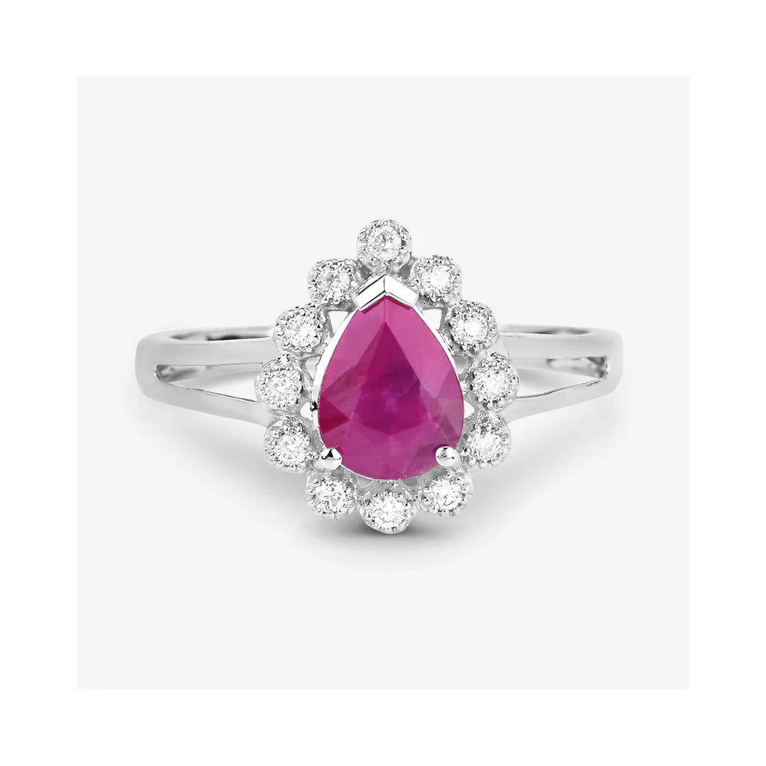 Genuine 10K Ruby and White Diamond Halo Ring