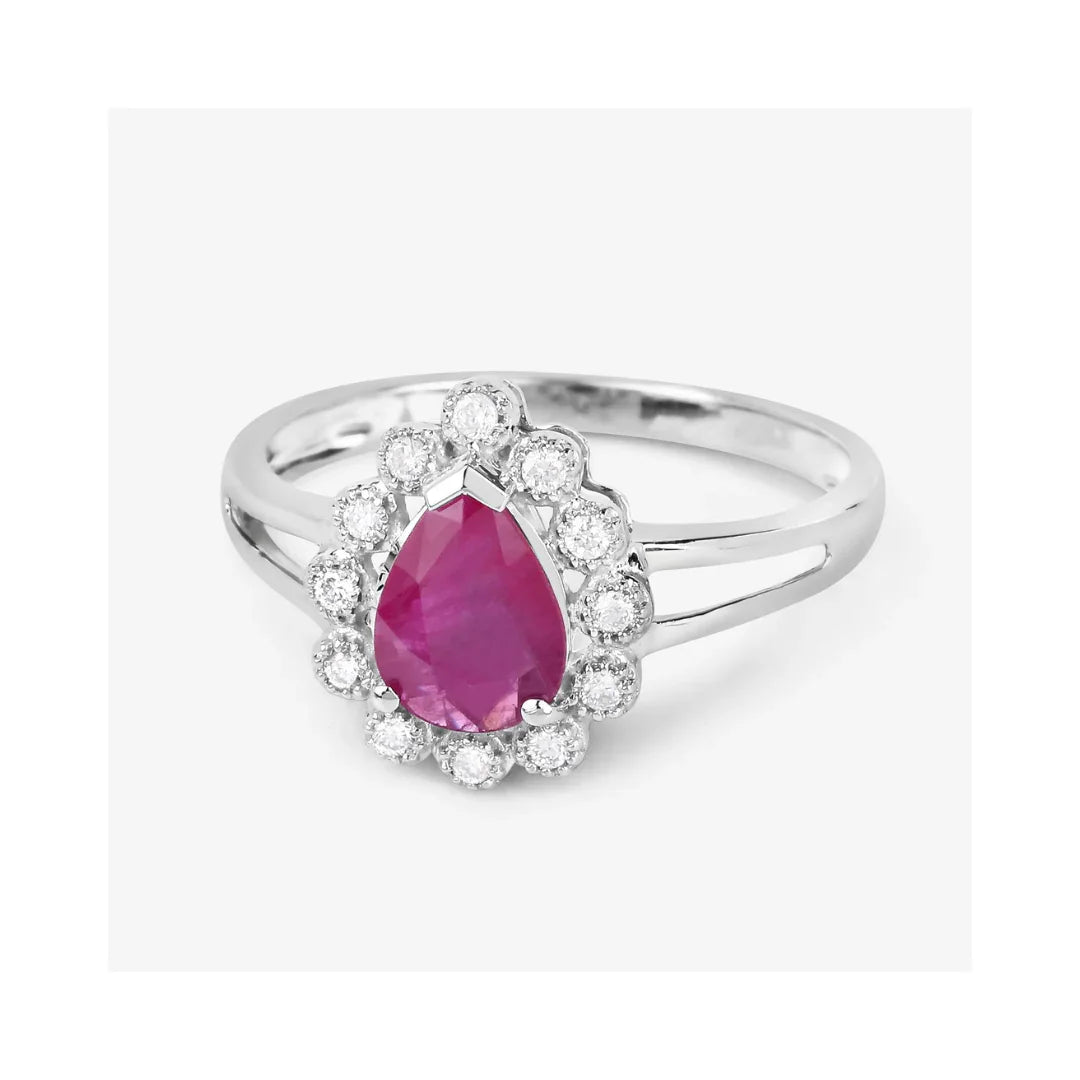 Genuine 10K Ruby and White Diamond Halo Ring
