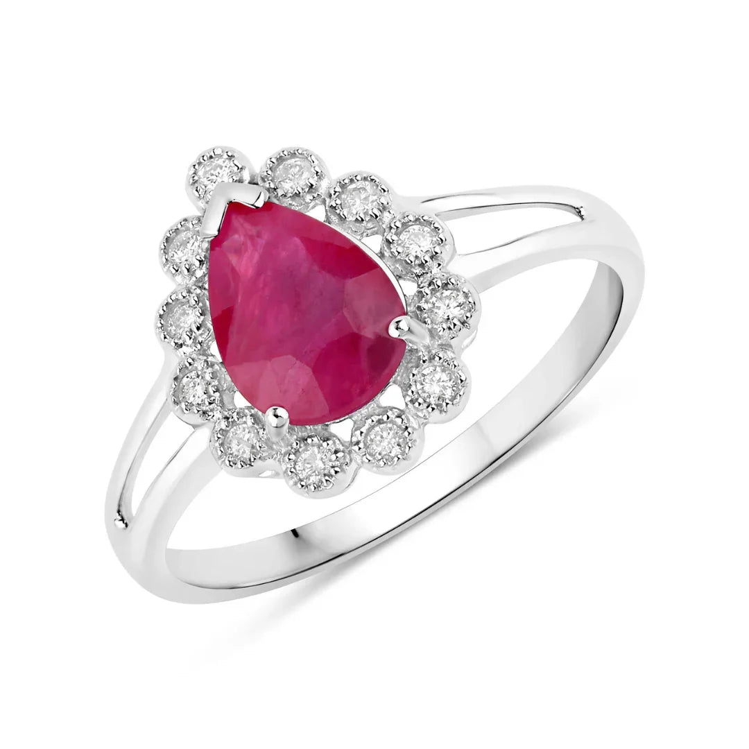 Genuine 10K Ruby and White Diamond Halo Ring