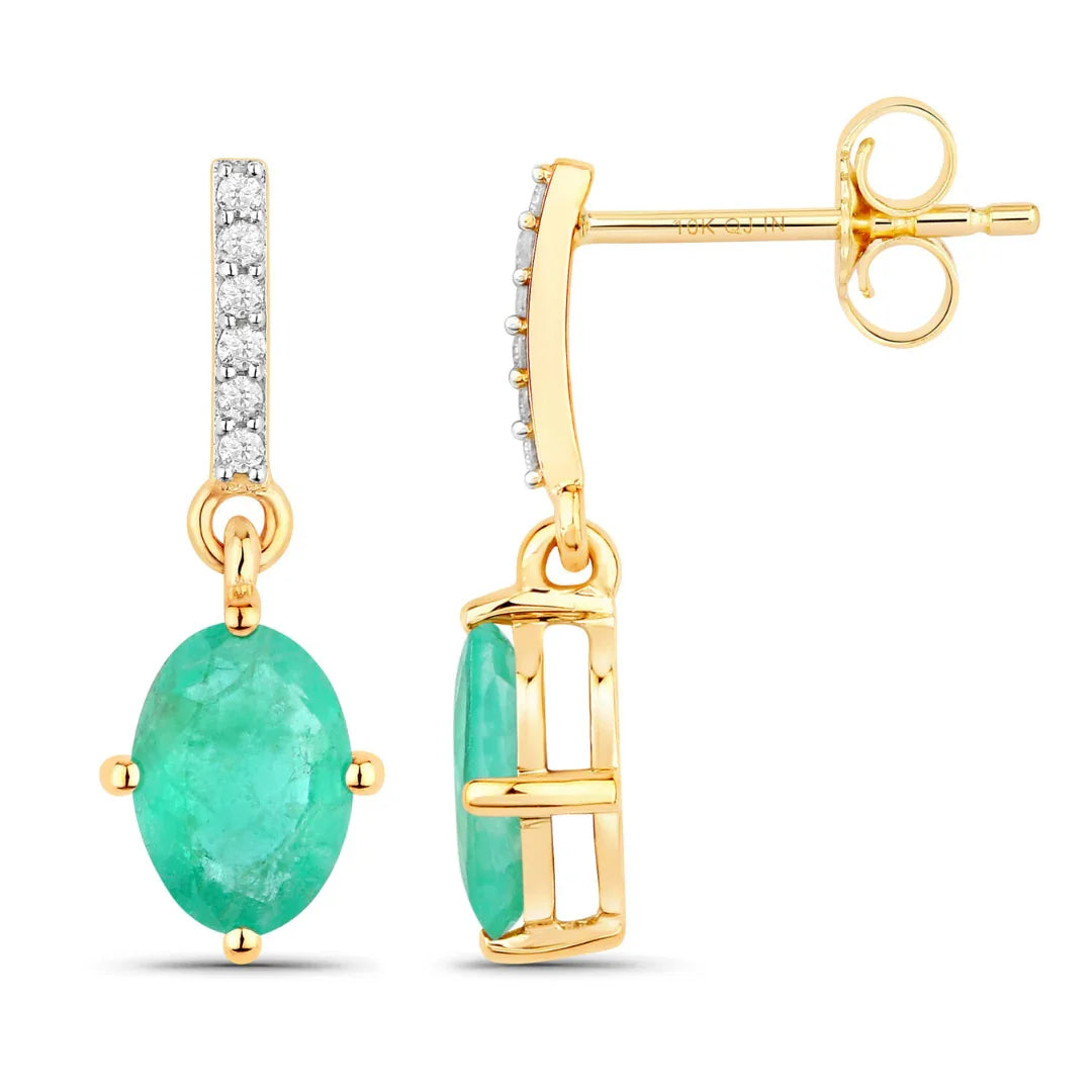 Genuine Zambian Emerald Diamond 10K Gold Oval Earrings