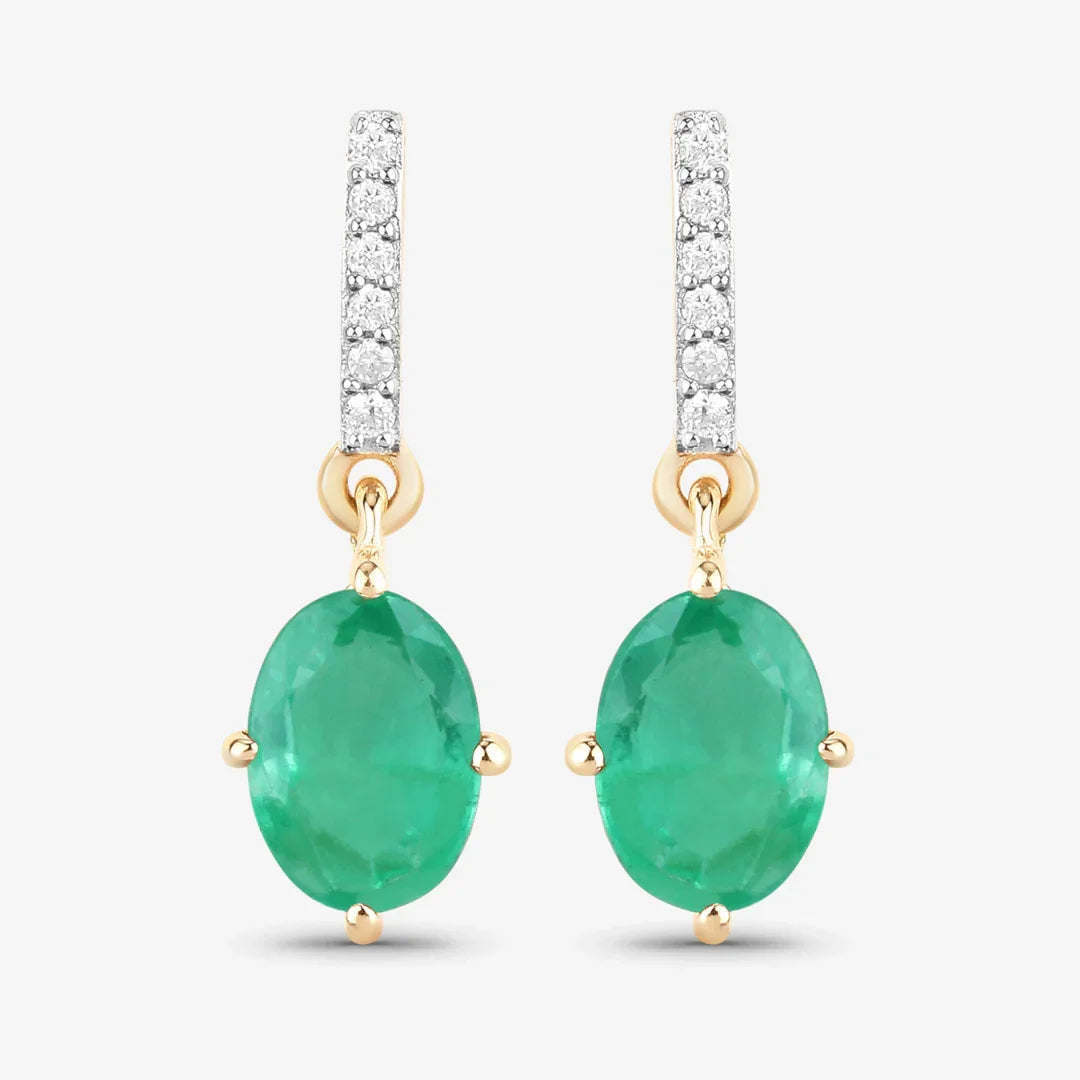 Genuine Zambian Emerald Diamond 10K Gold Oval Earrings
