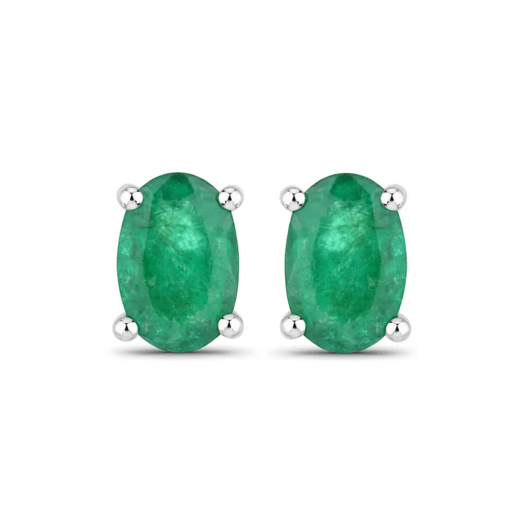 Genuine 10K Zambian Emerald Oval Stud Earrings