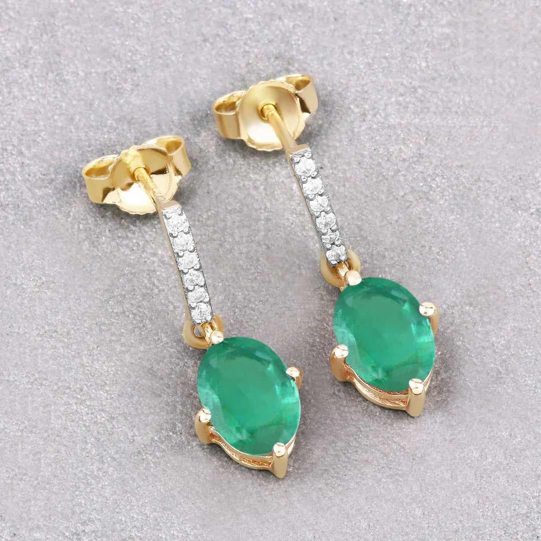 Genuine Zambian Emerald Diamond 10K Gold Oval Earrings