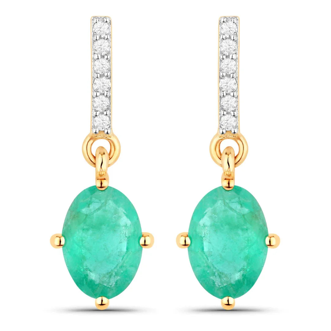 Genuine Zambian Emerald Diamond 10K Gold Oval Earrings