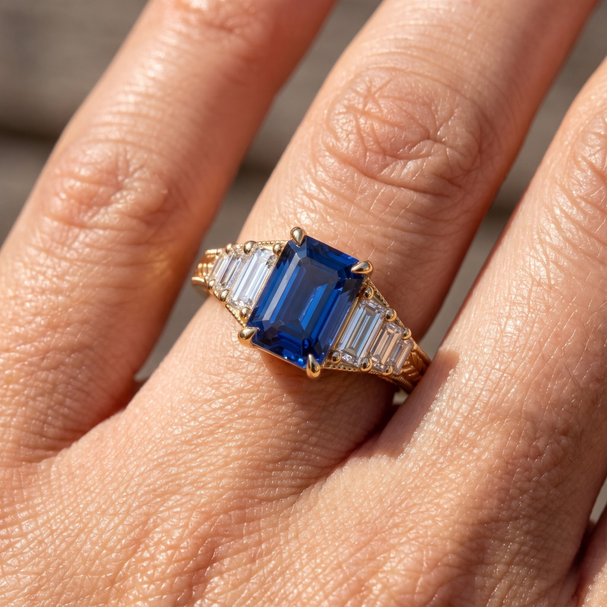 Octagon Sapphire, Emerald, Ruby and Lab Diamond 14K Yellow Gold Tapered Band Engagement Ring
