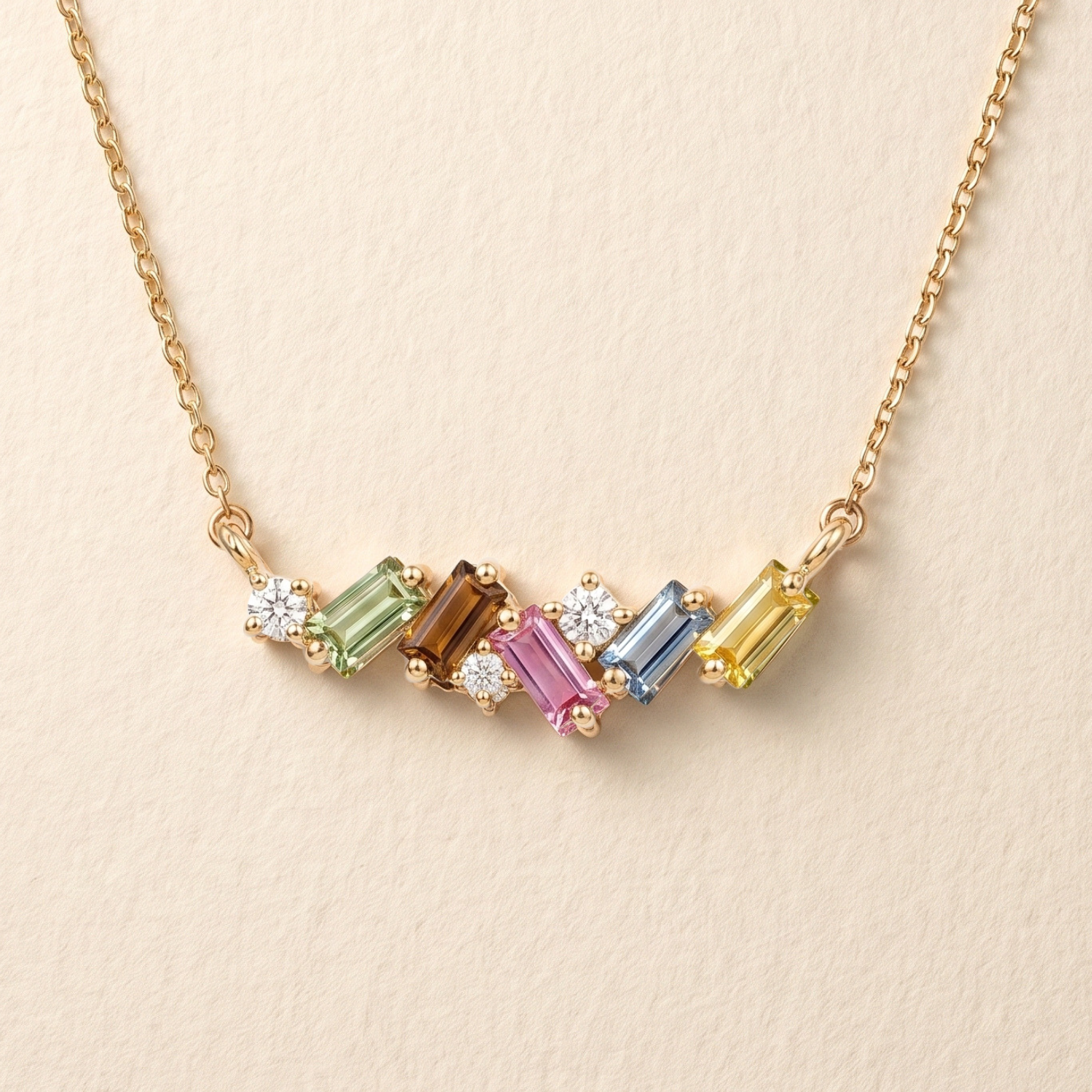 IGI Certified 0.64 Ct Baguette Multi Color Unheated Sapphire and Diamond 14K Yellow Gold Asymmetrical Bar Necklace