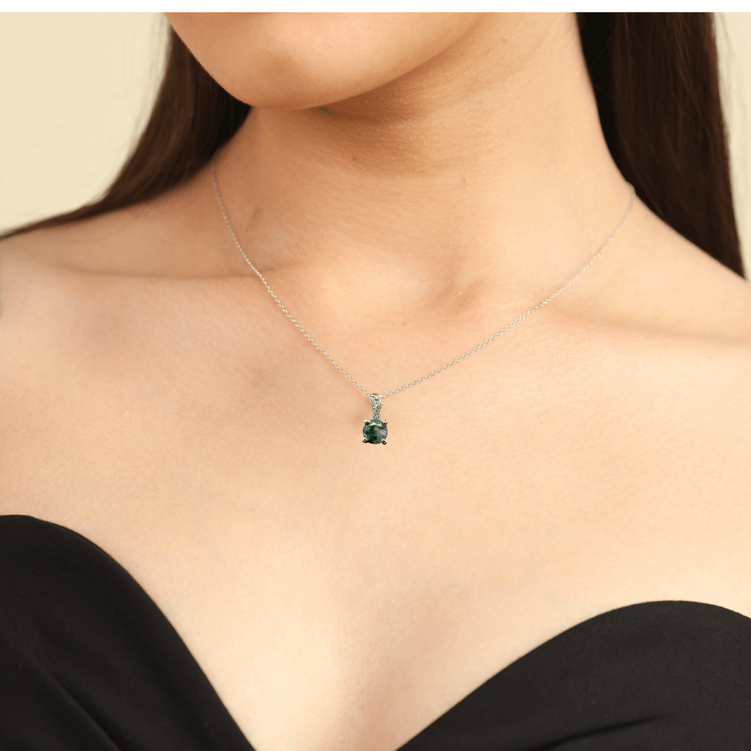 model showcasing Moss Green Agate Pendant Necklace with Cubic Zirconia Accents Gemini Zodiac Gift for Women