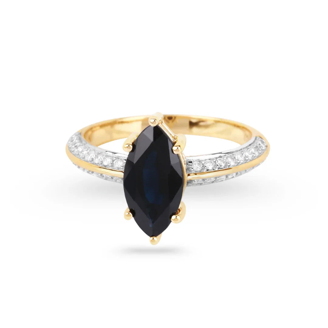 Genuine 10K Blue Sapphire and Diamond Marquise Ring