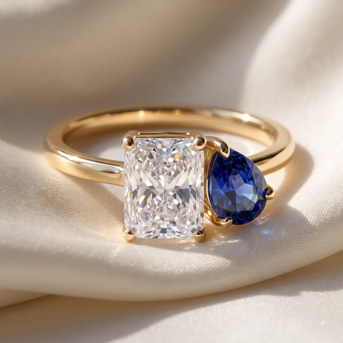 Two-Stone Toi et Moi Pear and Octagon Emerald, Ruby, Sapphire and Lab Diamond 14K Yellow Gold Ring
