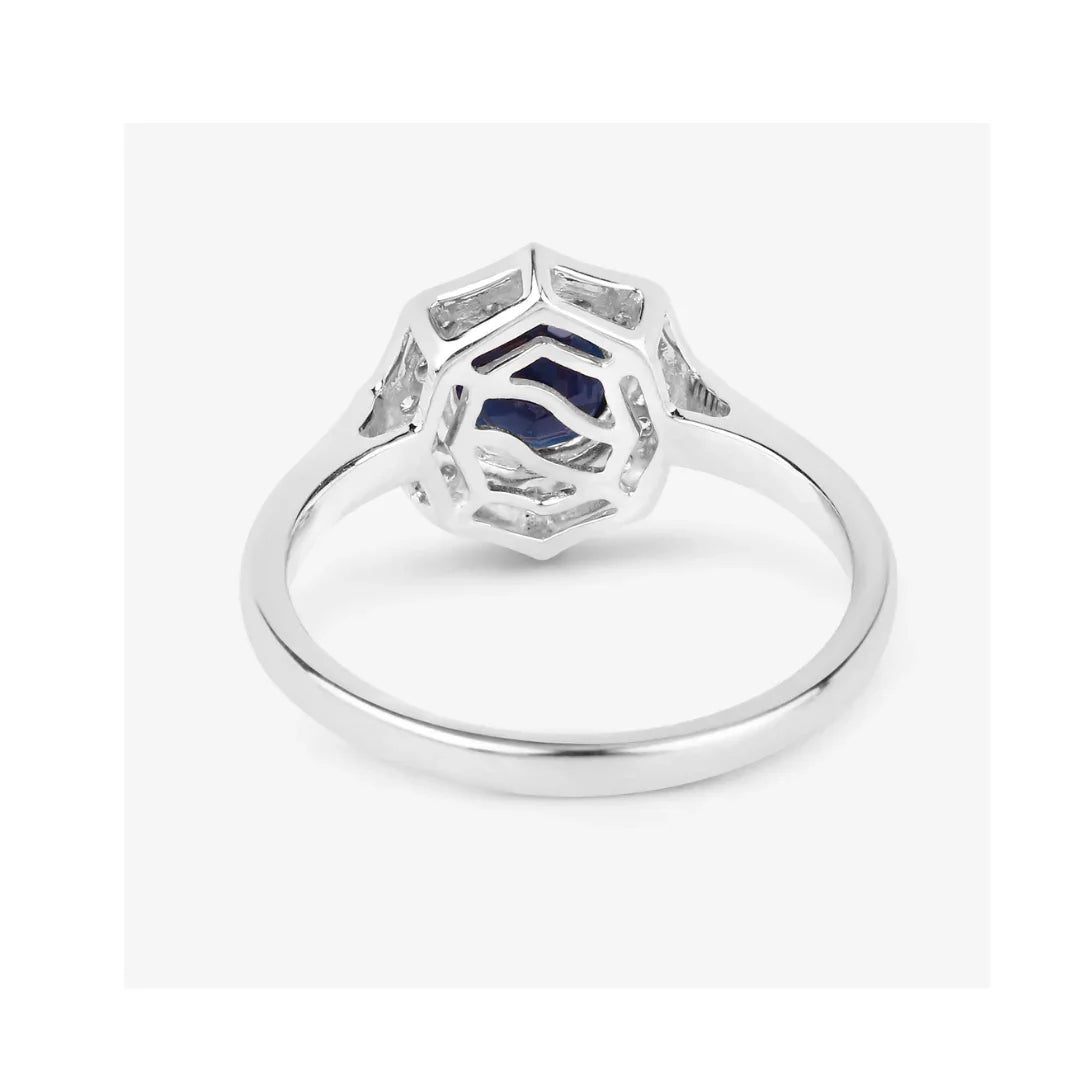 Genuine Blue Sapphire and Diamond 10K Halo Ring