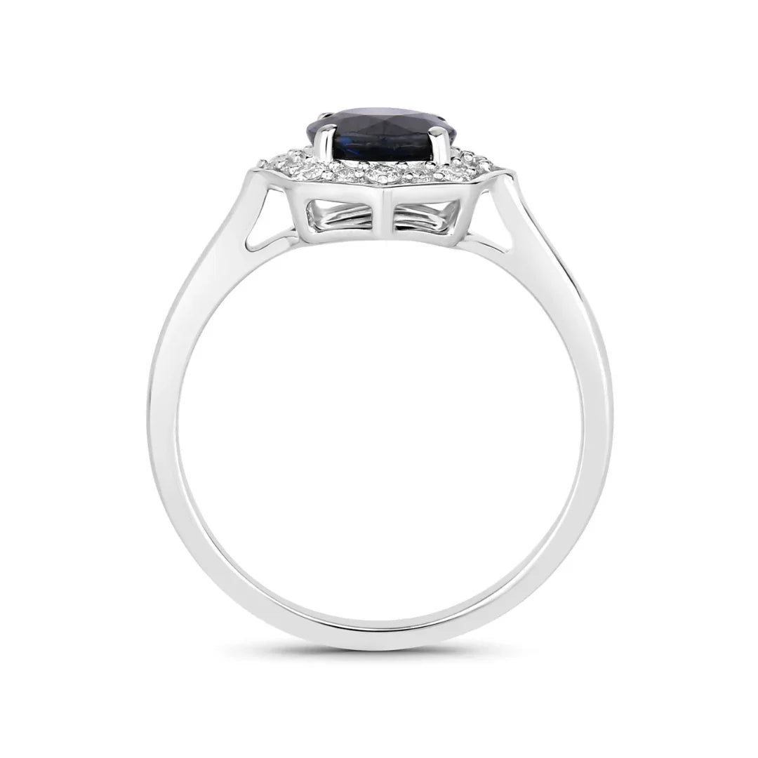 Genuine Blue Sapphire and Diamond 10K Halo Ring