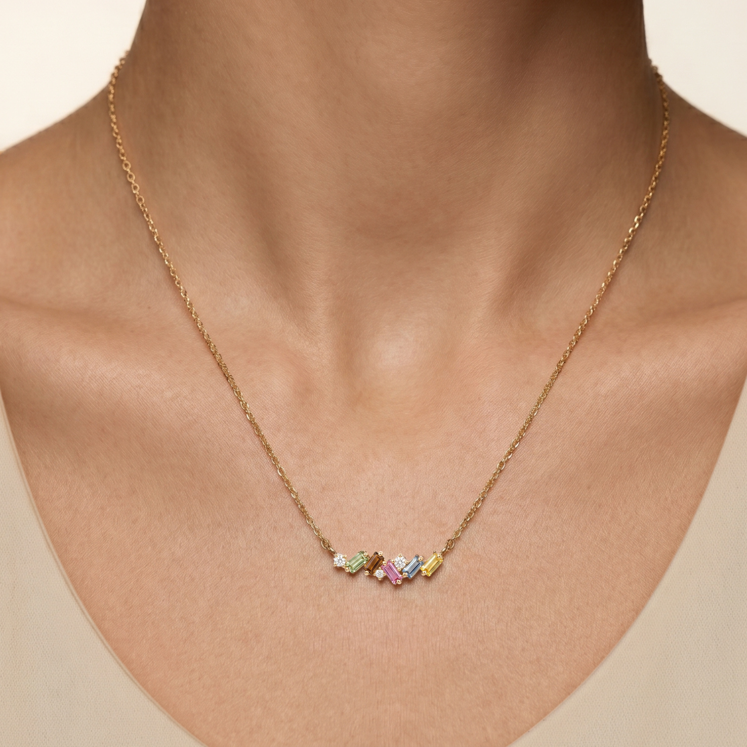 IGI Certified 0.64 Ct Baguette Multi Color Unheated Sapphire and Diamond 14K Yellow Gold Asymmetrical Bar Necklace