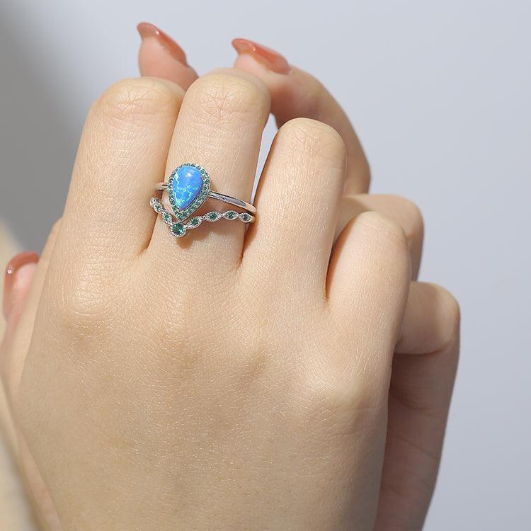 Blue Opal Ring Lab Grown Blue Opal Teardrop Stackable Ring - FineColorJewels