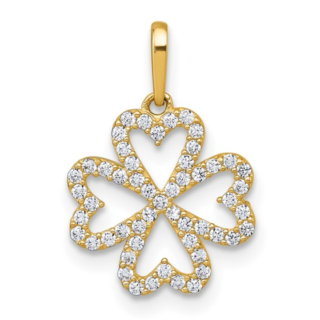10k Gold CZ Four Leaf Clover Heart Pendant