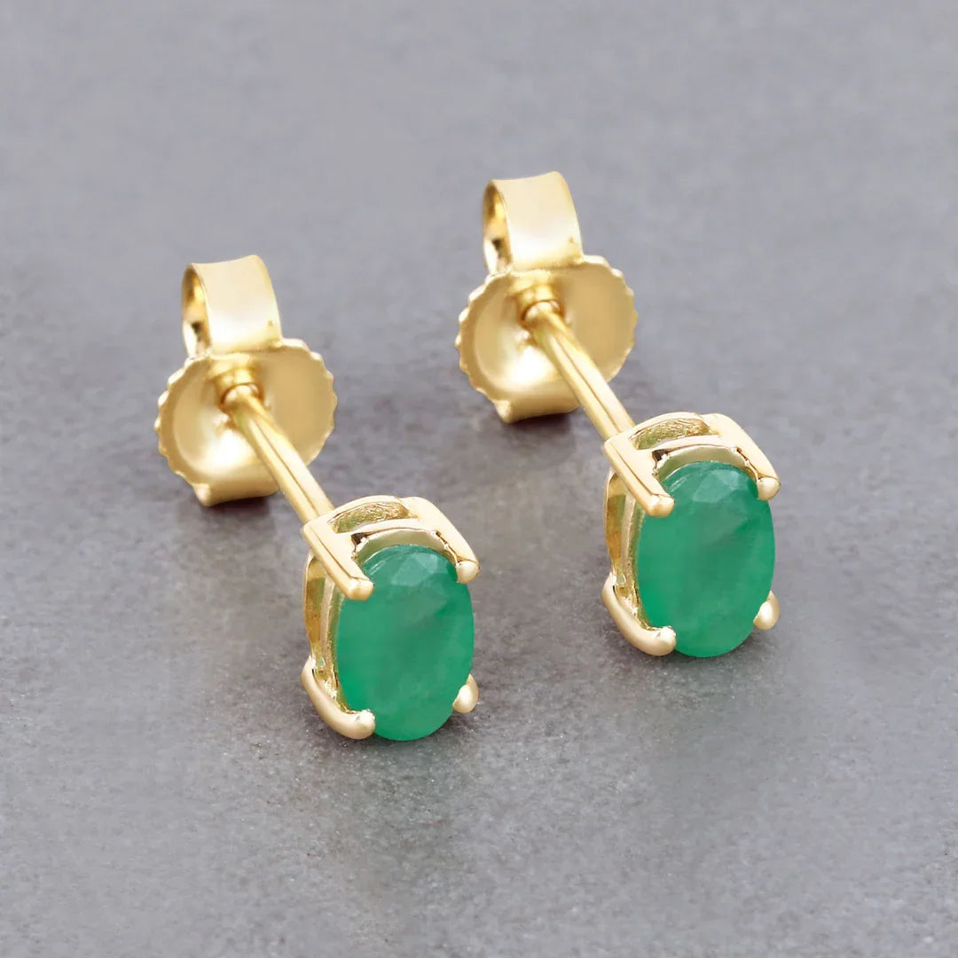 Genuine Green Zambian Emerald 10K Gold Stud Earrings