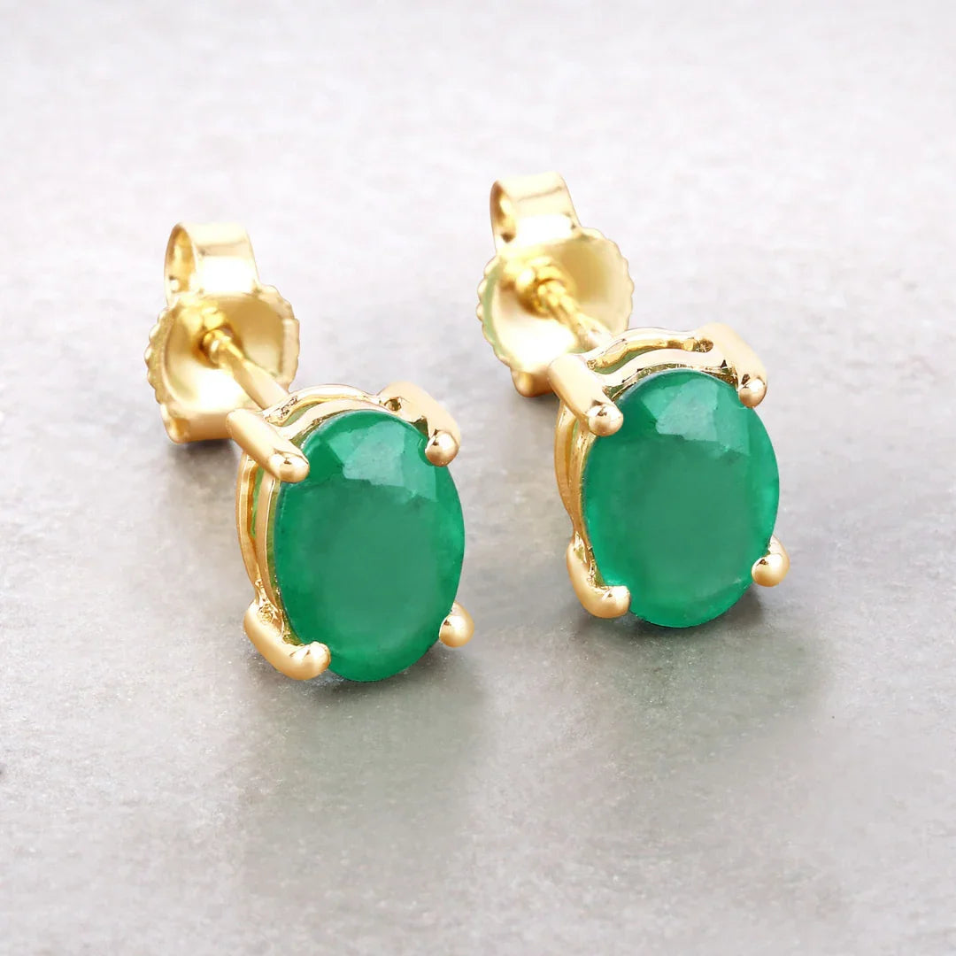 Genuine Zambian Emerald 10K Oval Stud Earrings