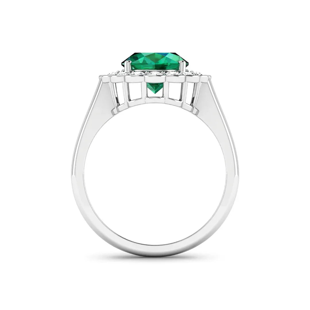 Genuine White Diamond and Zambian Emerald Halo Ring