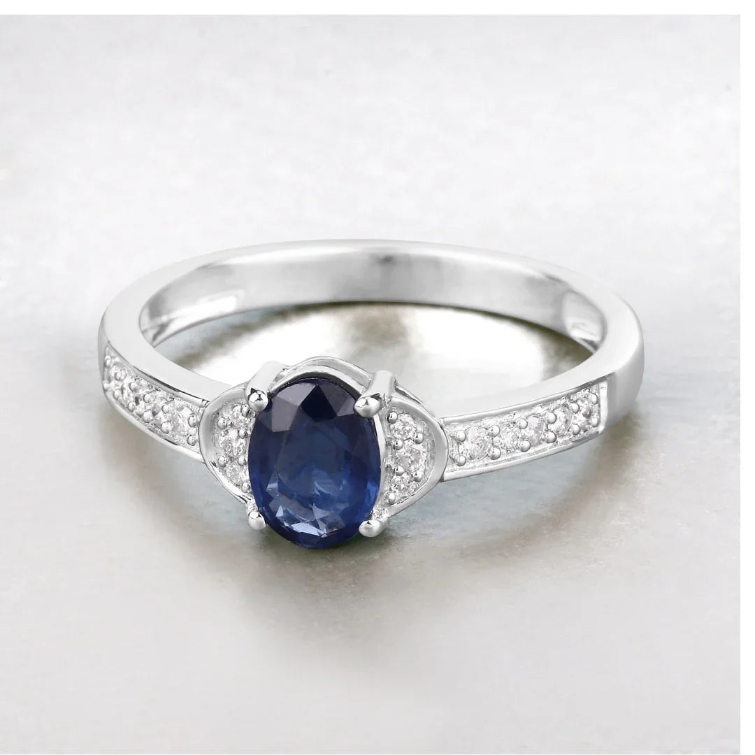 Genuine 10K Blue Sapphire and Diamond Bridge Ring