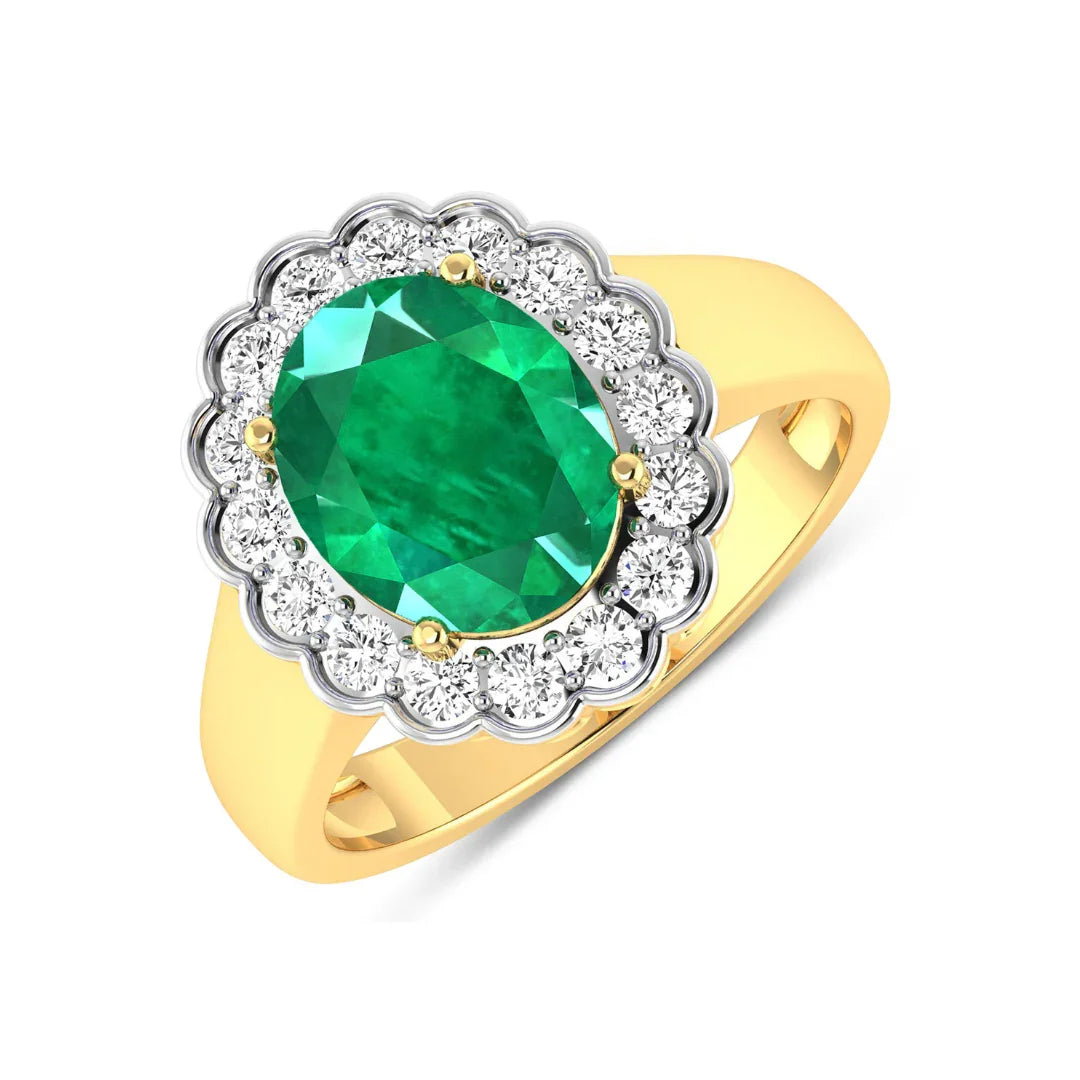 Genuine White Diamond and Zambian Emerald Halo Ring