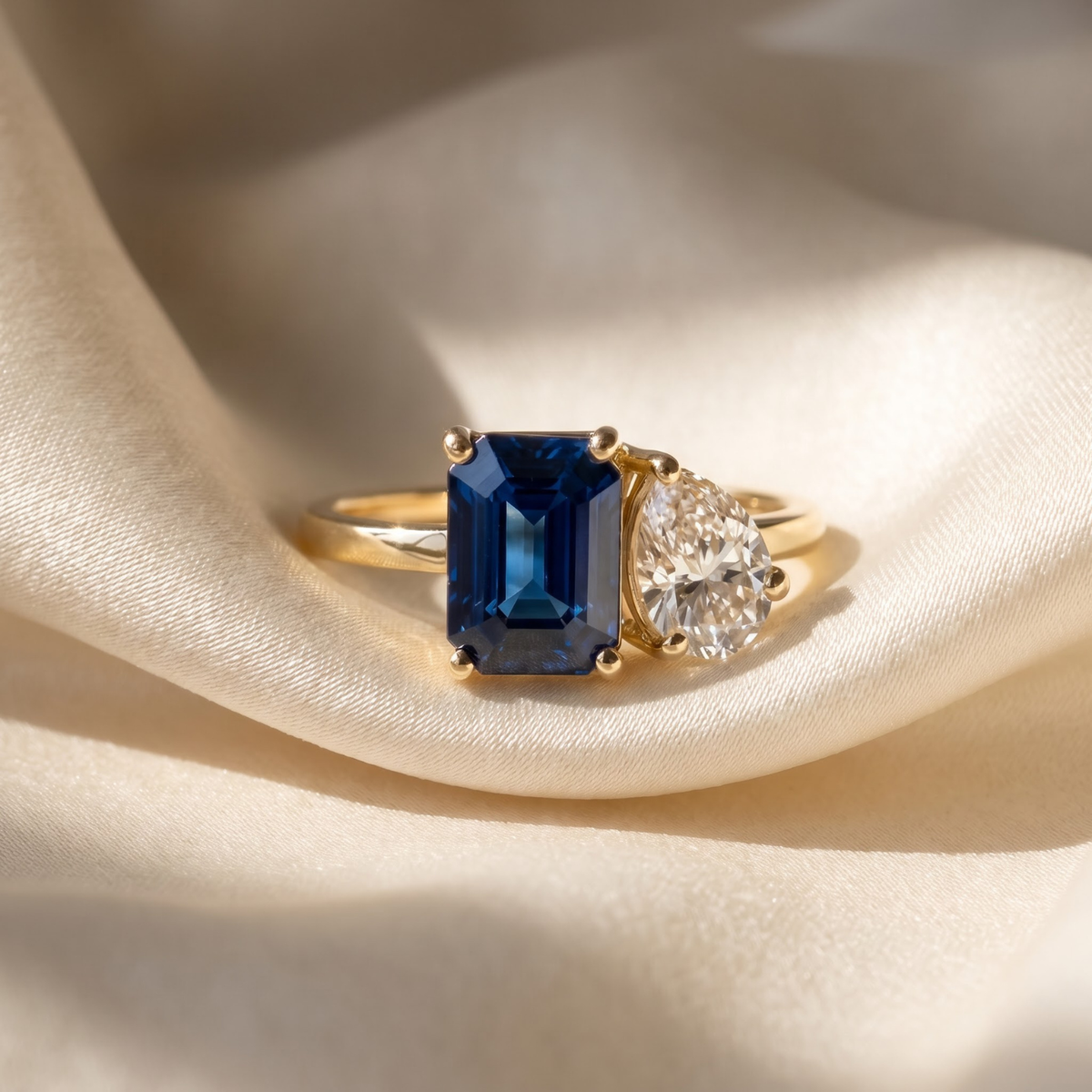 2.450 Cttw Octagon Ruby, Sapphire, Emerald and Lab Diamond 14K Yellow Gold Toi Et Moi Ring