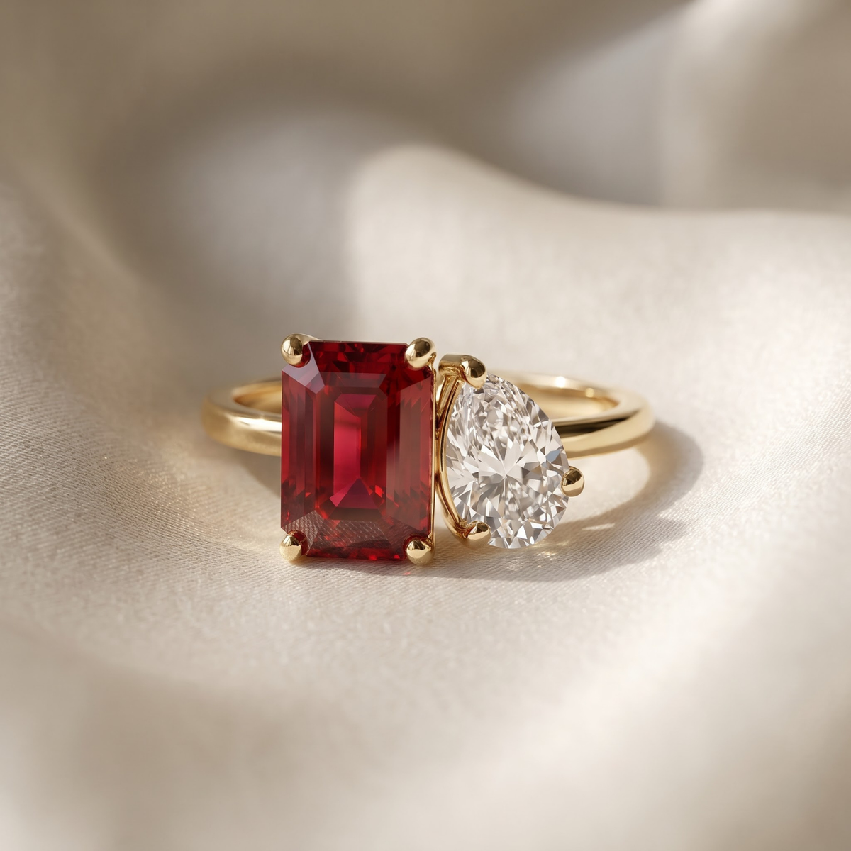 2.450 Cttw Octagon Ruby, Sapphire, Emerald and Lab Diamond 14K Yellow Gold Toi Et Moi Ring