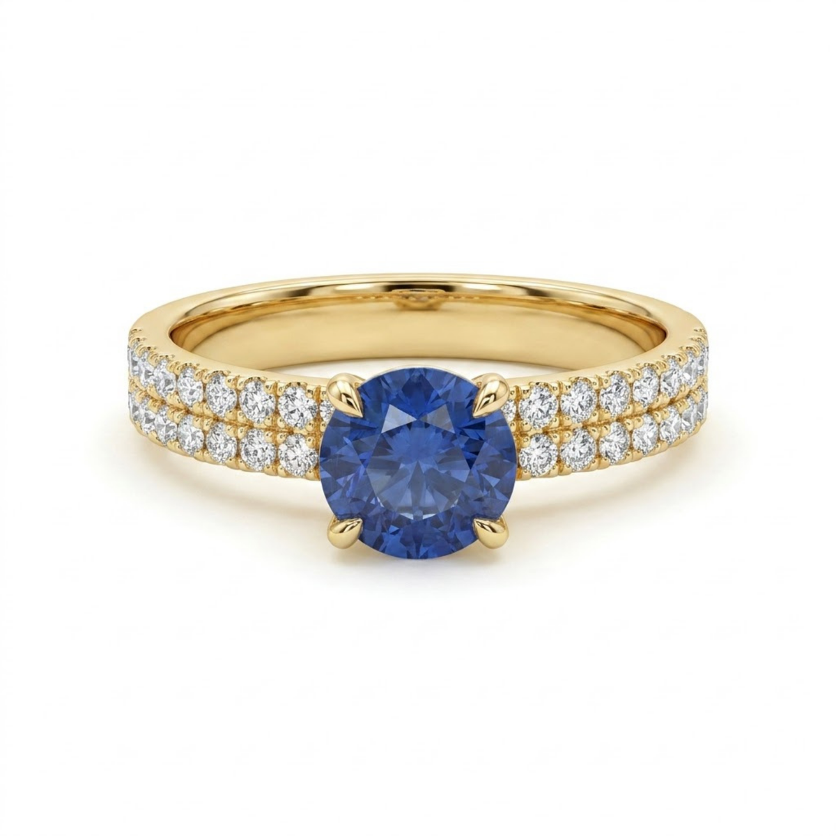 1.30 CTTW Round Gemstone Pav Diamond Double Row Band 14k Yellow Gold Engagement Ring