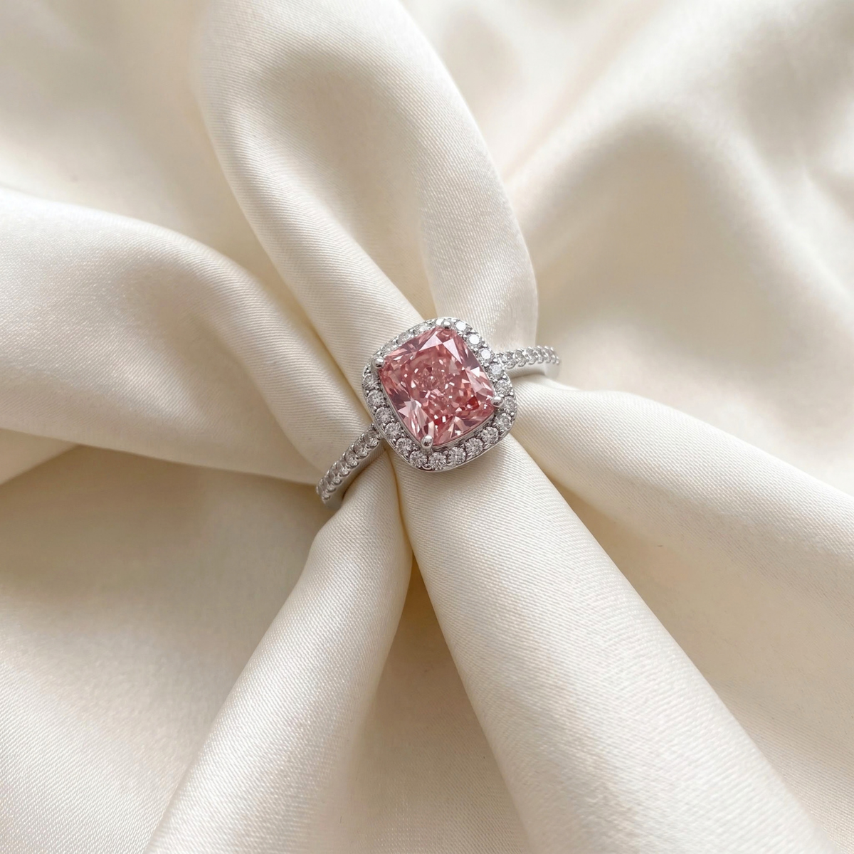 IGI Certified Pink Lab Diamond Center and White Diamond 18K White Gold Ring